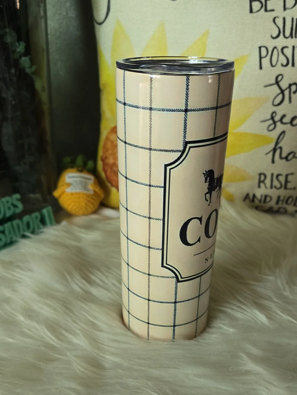 Fashion  Cream and Navy Plaid Insulated Tumbler with Black Logo